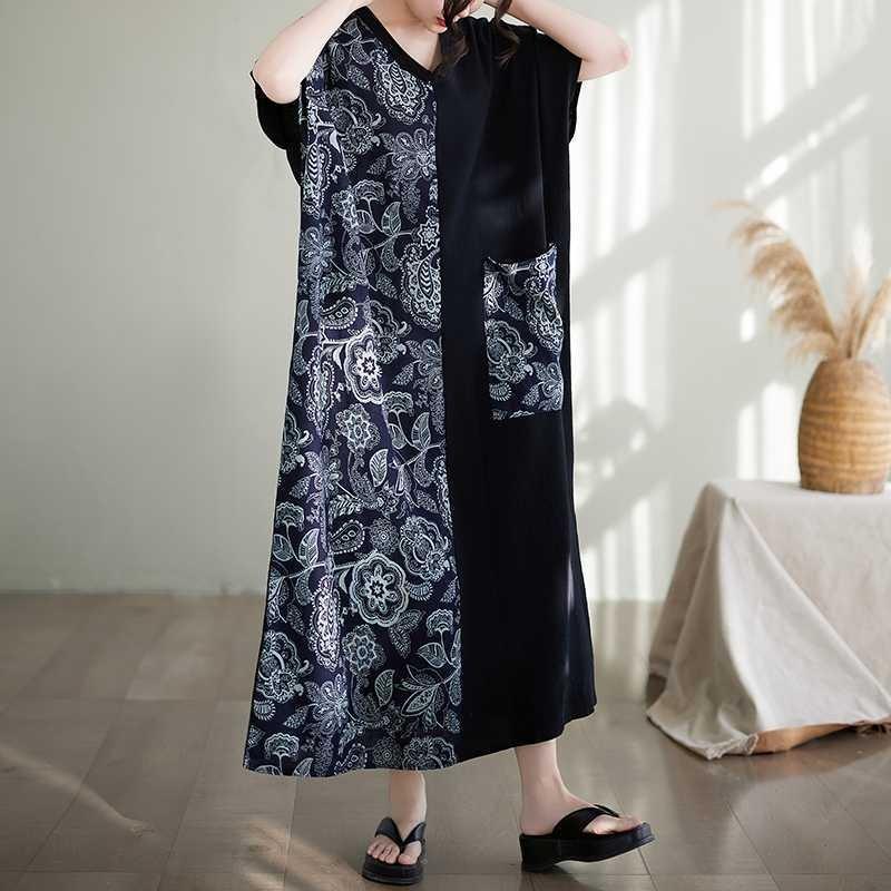 

Утягивающее платье из хлопка и льна с короткими рукавами и цветными блоками, ультрадлинное для женщин One Size тёмно-синий