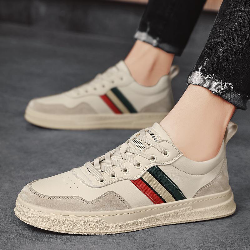 2024 New Men Leather Casual Shoes Autumn High End Fashion Striped Flat Skate Shoes Youth Cool Lace-up Sneakers