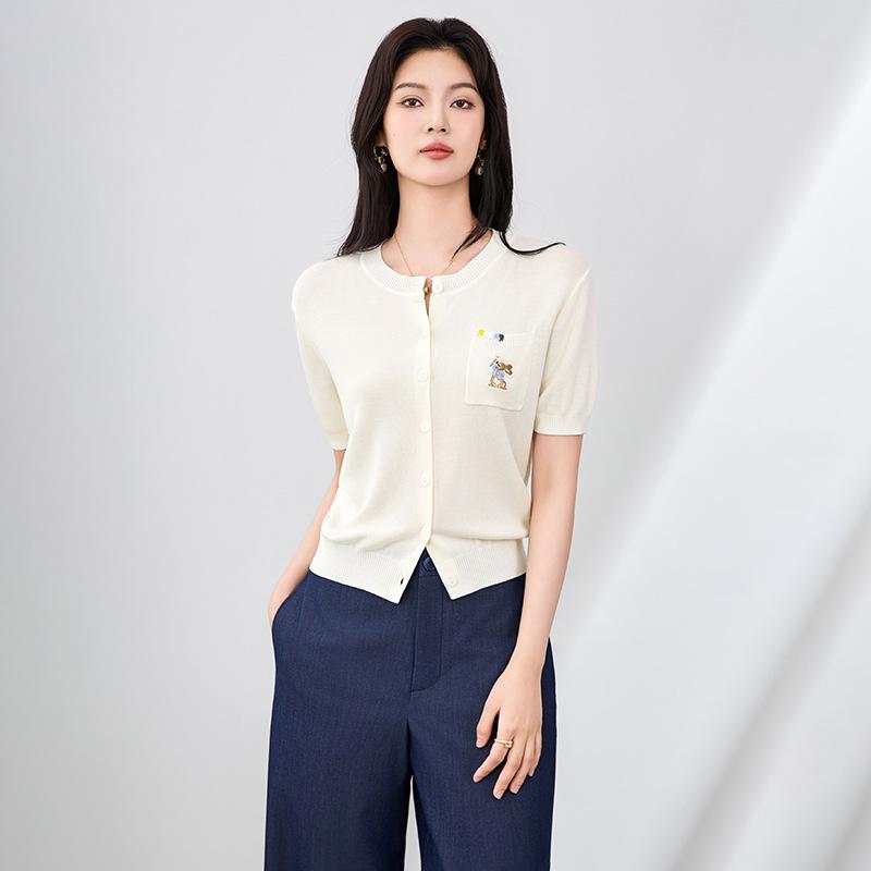 French Fun Little Rabbit Embroidery Knitted Tencel Cardigan - Women's Casual Short Sleeve Top