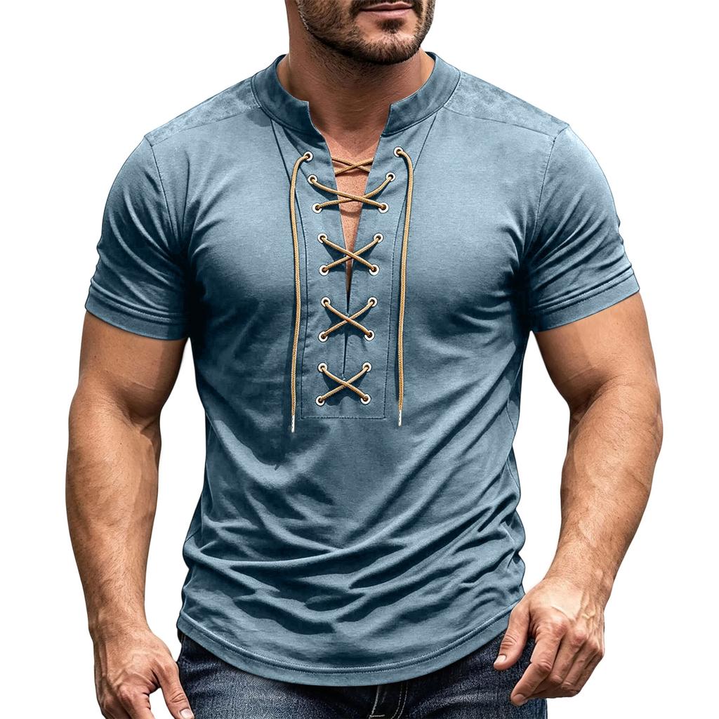 Herren Kurzarmhemd Vintage V-Ausschnitt Schnürung Lässig Farbe Sommer Oberteil