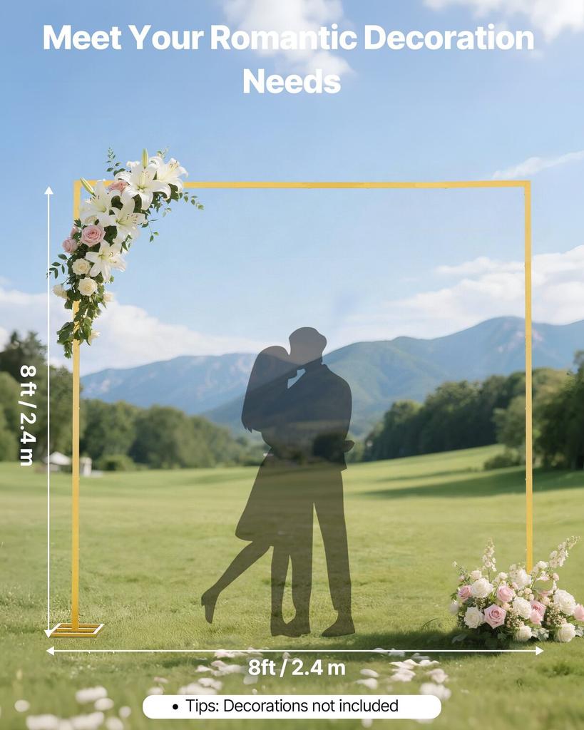 Arch Backdrop Stand, 2.4 x 2.4 m, Stable Structure, Easy Assembly, Square Gold Metal Arch Backdrop Stand for Wedding, Birthday Party, Graduation,