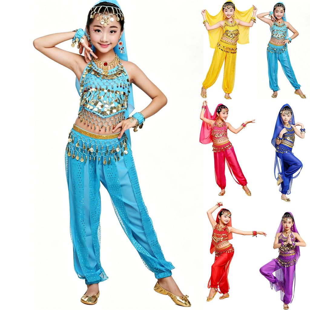 Costume Danza Indiana per Bambine Outfit Danza del Ventre per Bambini Festival Abbigliamento Danza Tradizionale per Bambini con Decorazioni a Monete e Set in Tessuto Trasparente