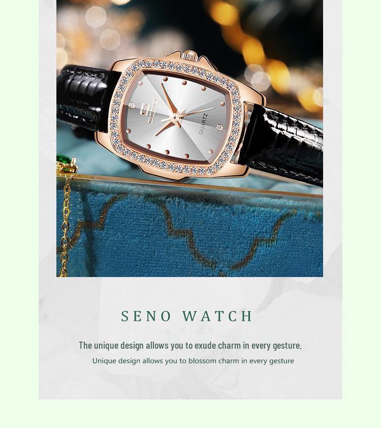 SENO Retro Square Diamond Damen Lederarmbanduhr - Schlichtes Wasser-Diamant-Quarzdesign