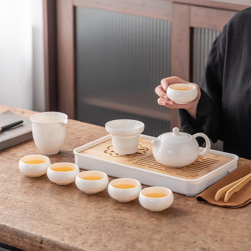 Suet Jade Porcelain Travel Kung Fu Tea Set Portable Kuaike Teapot Teacup Tea Tray Bank Business Holiday Gifts