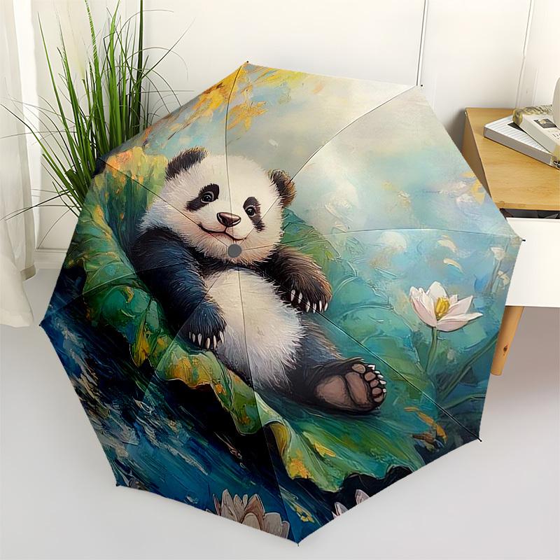 1pc Panda in Lotus Pond Umbrella with Plastic Handle,Suitable for All Seasons Umbrellaptys26095
