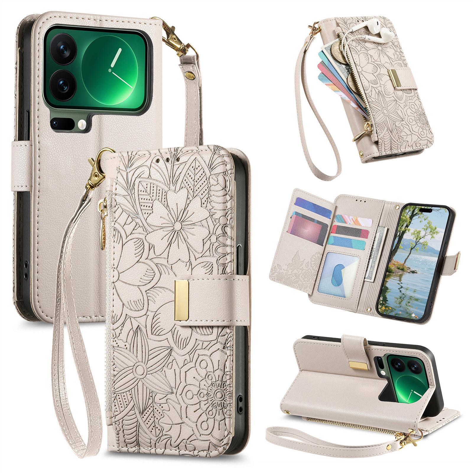 

For Xiaomi 17 Pro Case Floral Leaf Pattern Multi Card Slots Zipper Leather Phone Cover with Wrist Strap