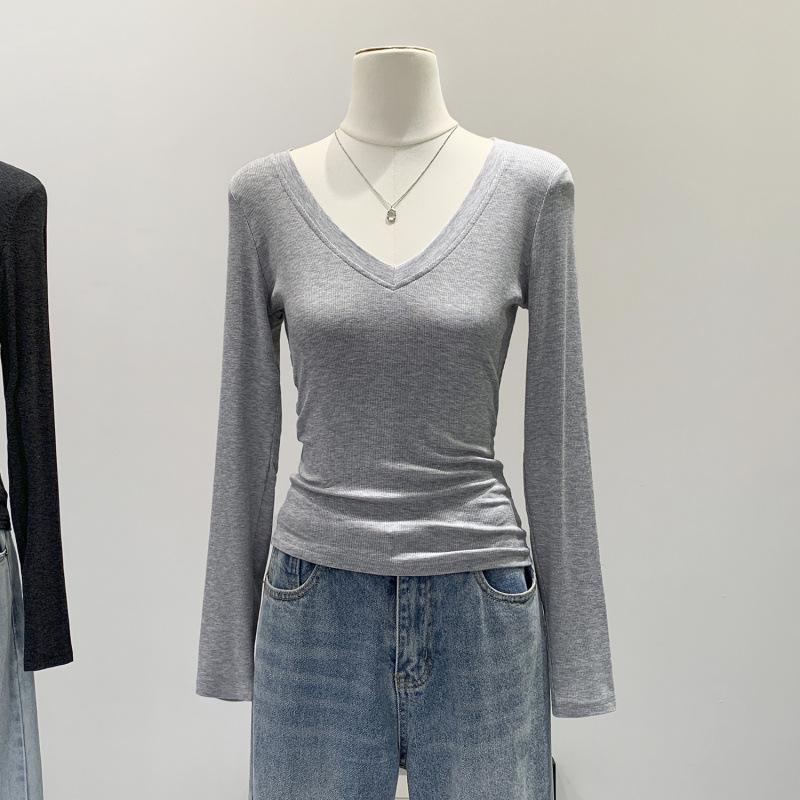 In Stock: Bestseller Grey V-Neck Long Sleeve Slim Fit T-Shirt for Autumn/Winter 2026 L серый