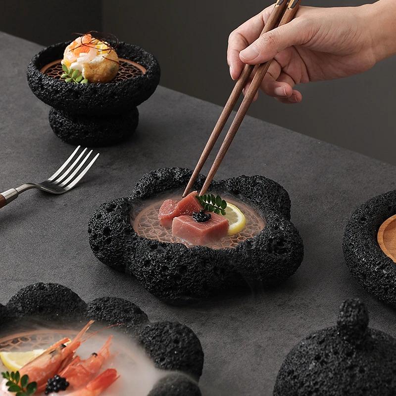 Japanese Style Salmon Tray Hotel Creative Tableware Coal Ball Volcano Stone Artistic Dish Black Sushi Sashimi Plate Food Display