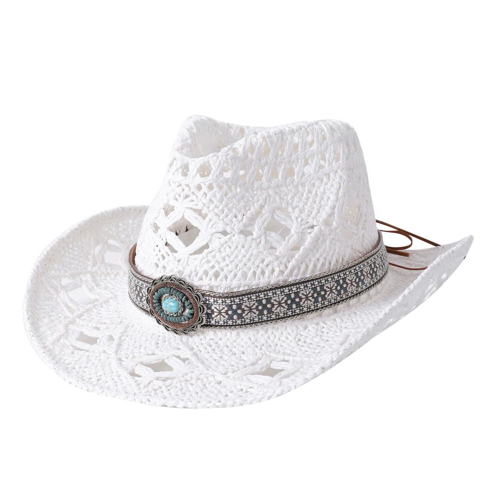 Ethnic Style Cowgirl Hats with Wide Band Women Men Woven Western Caps Breathable Hollow Out Wide Brim Straw Sun Hats