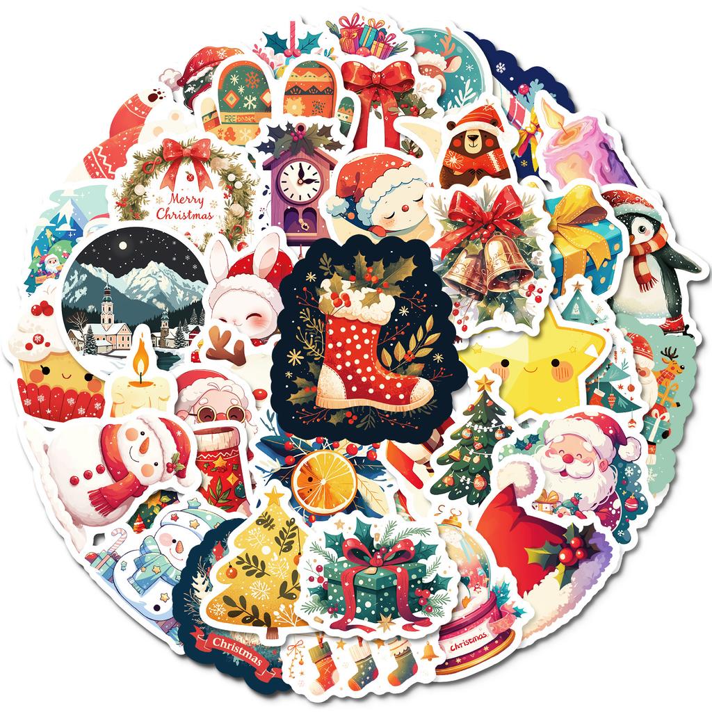 50pcs Merry Christmas and Happy New Year Stickers, Non-repetitive Cartoon Cute Characters and Animals Christmas Decorative