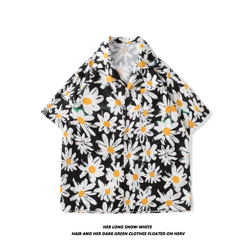 Summer Fashion Men's Hawaiian Shirt Men's Beach Flower Print Shorts Sleeve Shirt