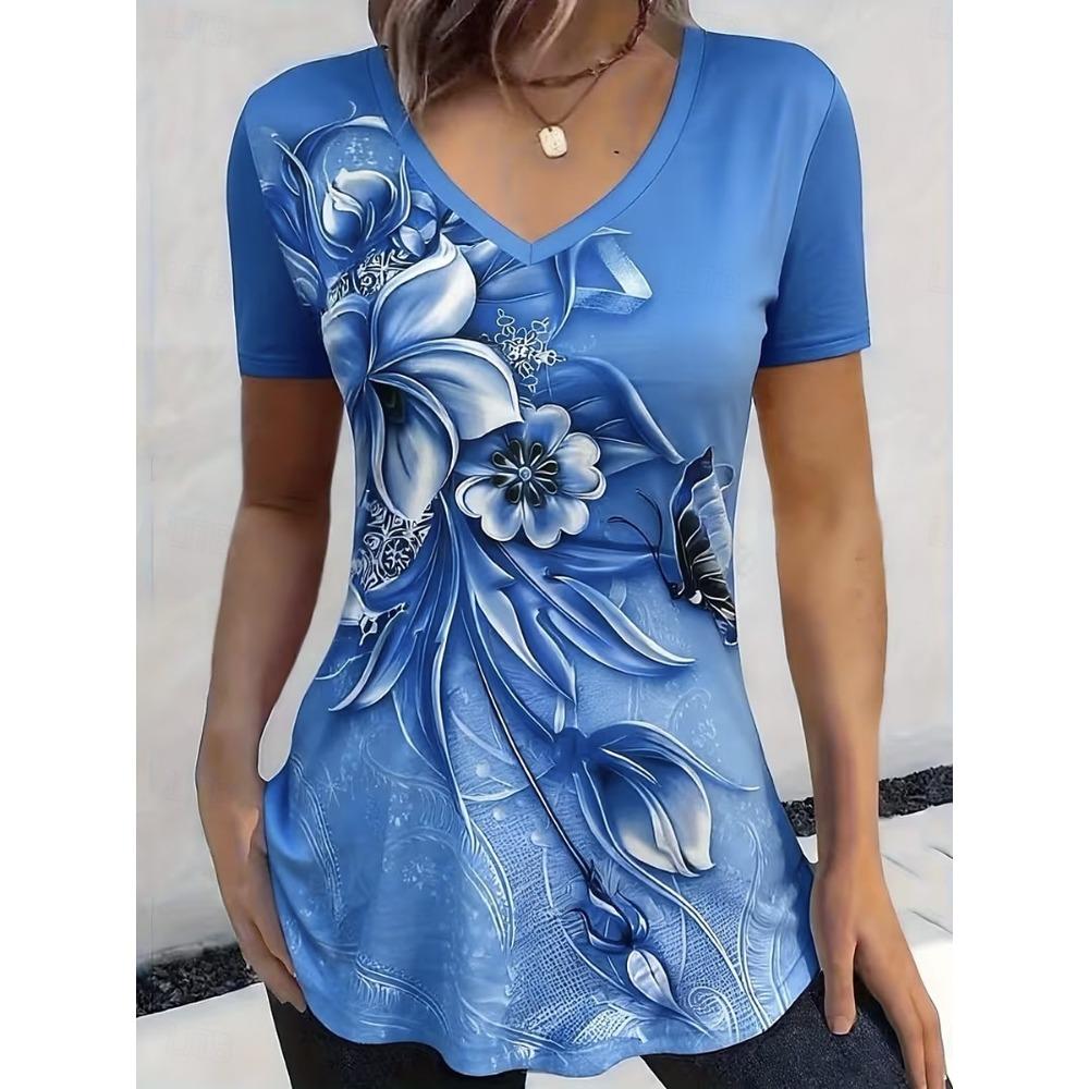 Women's T Shirt Print Ombre Floral Graphic Stylish Classic Casual Short Sleeve V Neck Regular Tops Daily Blue Red Orange Gray Summer Spring