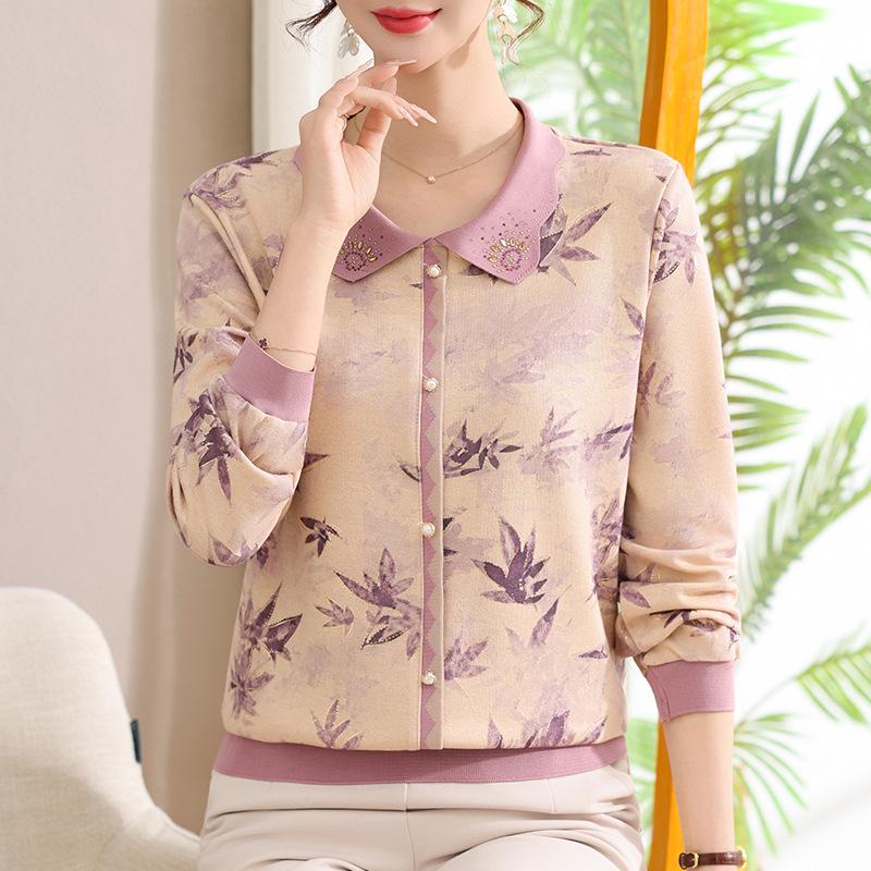 

Spring Casual Knit Top for Middle-Aged and Elderly Women - Printed, Loose, Long-Sleeved with Rhinestone Accents. 3XL (115-130 lbs) фиолетовый