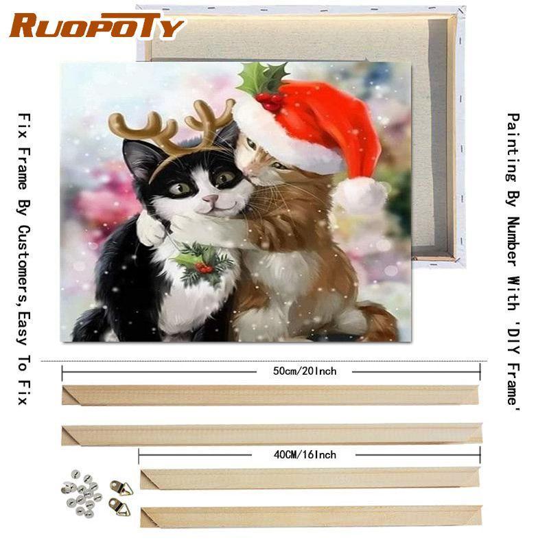 Ruopoty DIY Frame Picture By Numbers Cat Animal HandPainted Wall Art Unique Gift Painting By Number Winter Christmas Gift