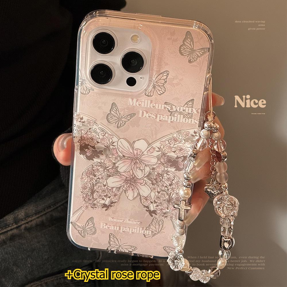 Double-layer Dream Rose Butterfly Iphone15 Hanging Chain 17promax Suitable for 16 Apple 14 Mobile Phone Case 11 Fairy