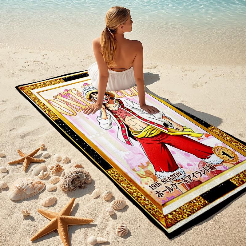 Classic Japanese Element Cartoon ONE PIECE Monkey D. Luffy Beach Towel Outdoor Camping Vacation Swimming Beach Towel Outdoor Absorbent Bath Towel Y22