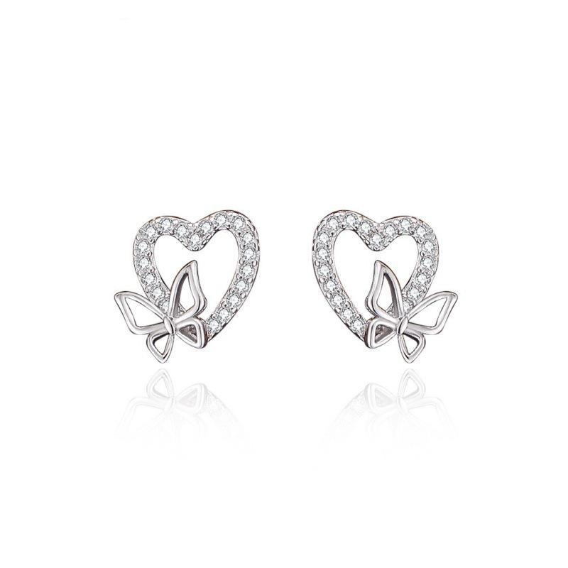 Beixi S925 Sterling Silver Heart & Butterfly Stud Earrings – Niche Design with Diamonds for Ladylike, Sweet Temperament.