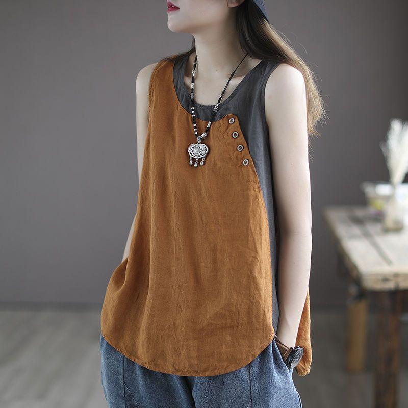 Summer New Loose Camisole Vest Women's Thin Asymmetric Top Button Decoration Splicing Design