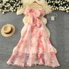 French temperament advanced sense three-dimensional flower waist ruffle edge mesh dress femininity elegant dress long dress