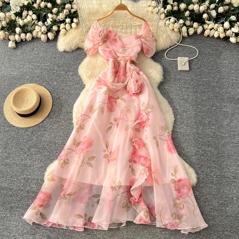 French temperament advanced sense three-dimensional flower waist ruffle edge mesh dress femininity elegant dress long dress