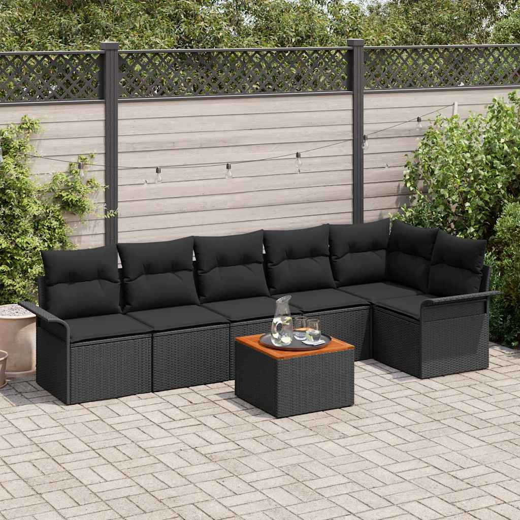 7 piece garden sofa set with cushions black poly rattan