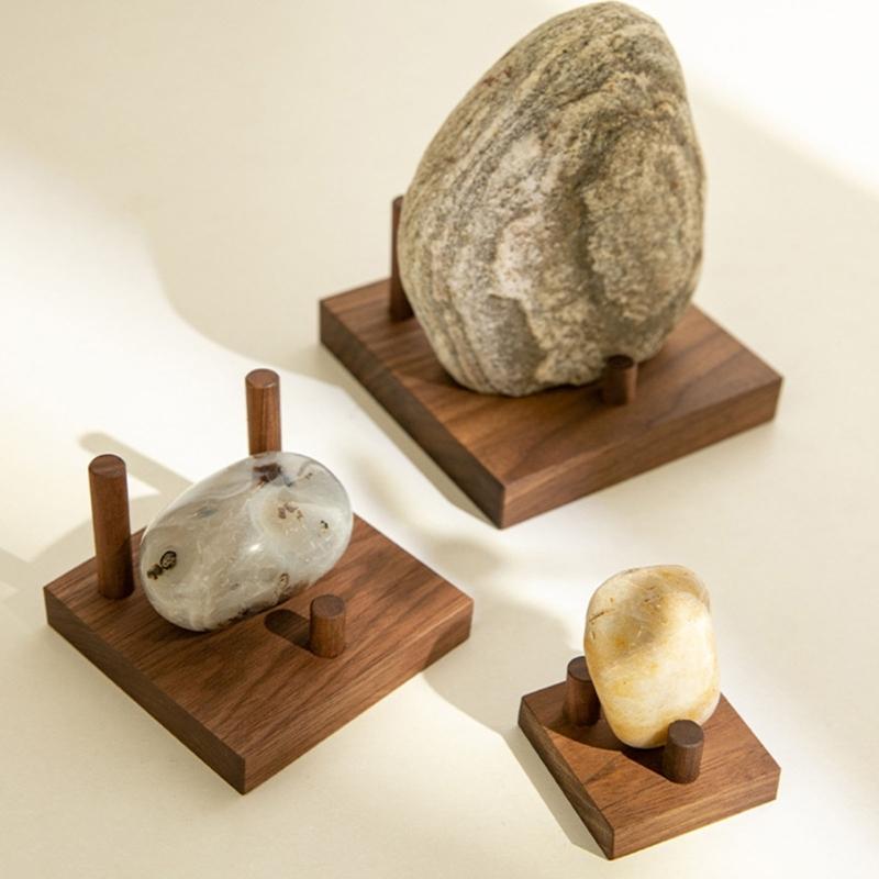 Natural Wooden Display Stand With 3 Peg Rock Holder Square Base For Home Decors And Collectibles Minerals Agates Holder