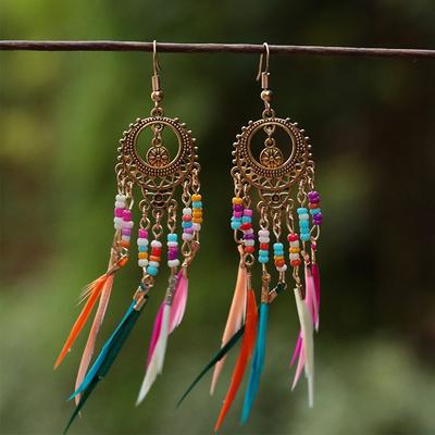 Zircon Vintage Ethnic Hollow Golden Copper Rainbow Beads Feather Dangle Drop Earrings