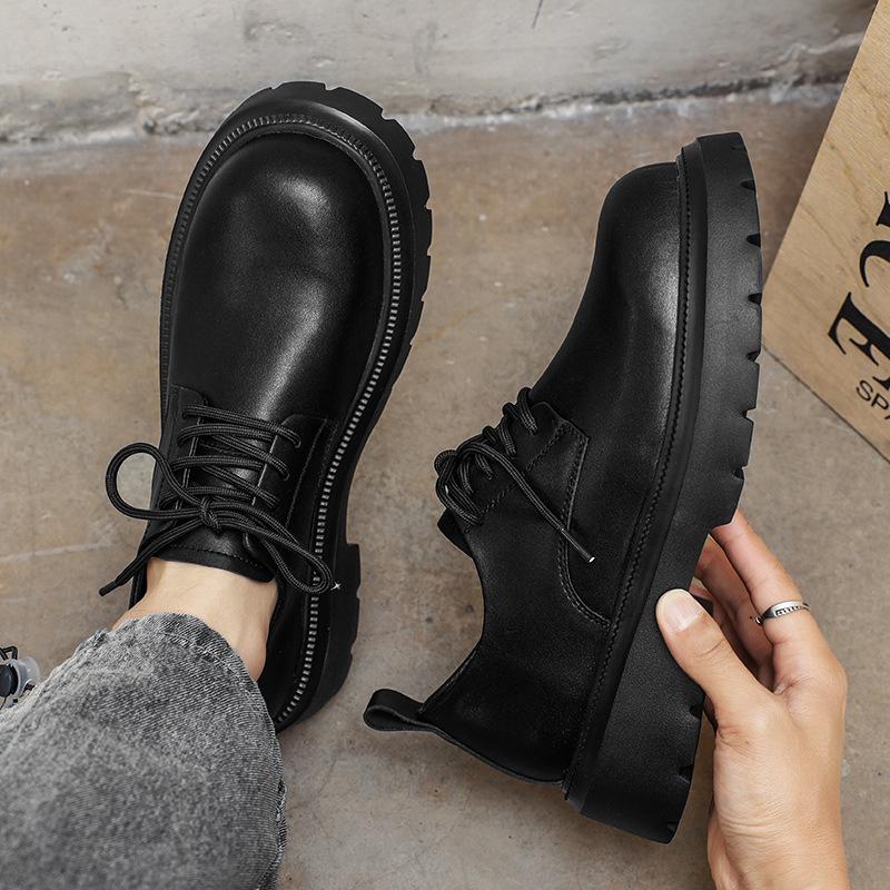 Derby Shoes Men's High-end Sense New Thick-soled Heightened Cowhide Leather Surface Casual Shoes Trendy Commuter Black Big Head Shoes