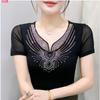 Summer Sexy V-Neck Short Sleeved Women's T-Shirt Fashion Shiny Hot Diamonds Mesh Tees Female All Match Casual Tops Blusas