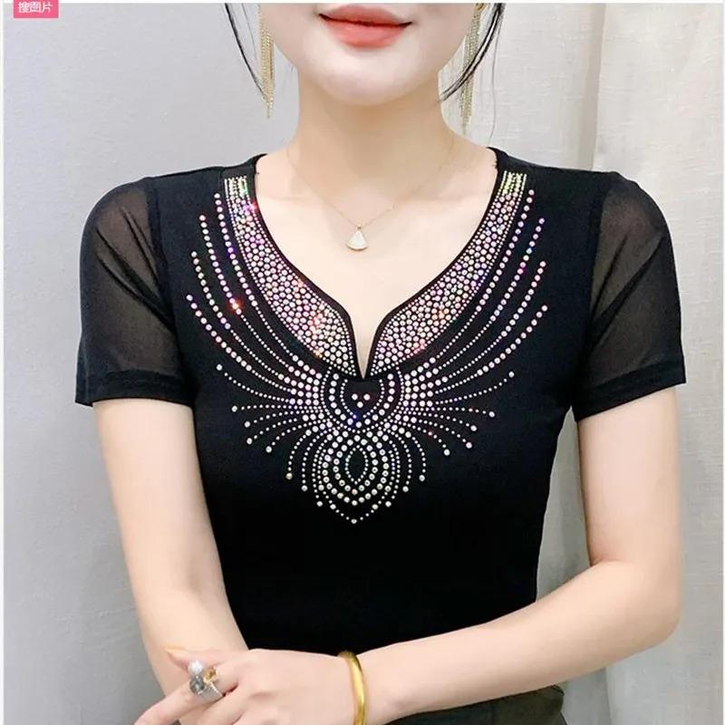 Summer Sexy V-Neck Short Sleeved Women's T-Shirt Fashion Shiny Hot Diamonds Mesh Tees Female All Match Casual Tops Blusas