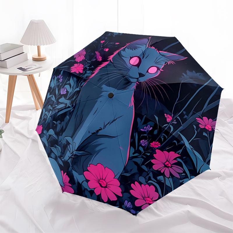 1pc Neon Cat Midnight Flowers Automatic Open/close Umbrella, 8-Rib sturdy structure, Portable Travel Umbrella, Parties, Everyday Use,23