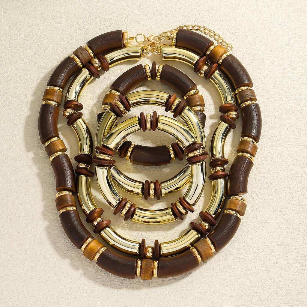 Dvacaman 2025 ZAA Vintage Women Necklaces Bracelet Set Trend Wooden Curved Splicing Choker Summer Boho Holiday Party Accessories