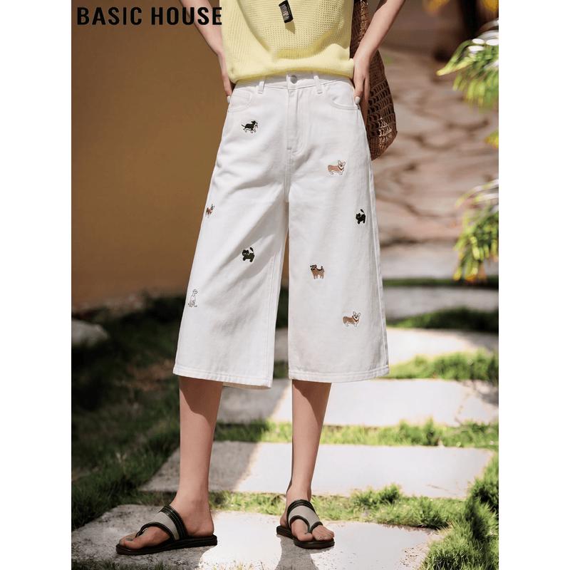 Basic House Women s Embroidered Cotton Wide-Leg Capri Pants M