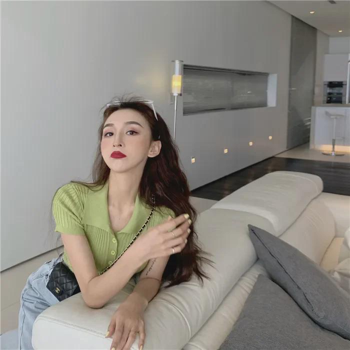 White Polo Collar Short-Sleeve Women's French Chic Top
