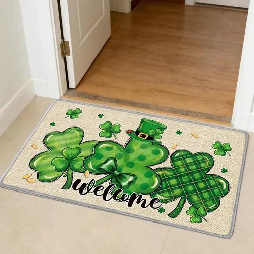 

Door Mat Hand Drawn Shamrock Bow Pattern Non Slip Print Entryway Rug for St. Patrick s Day Home Decor 40cm x 60cm