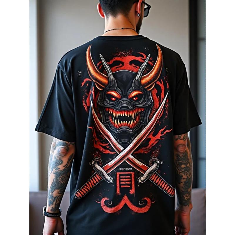 American men's summer ghost mask samurai sword print comfortable and breathable round neck T-shirt outdoor street top