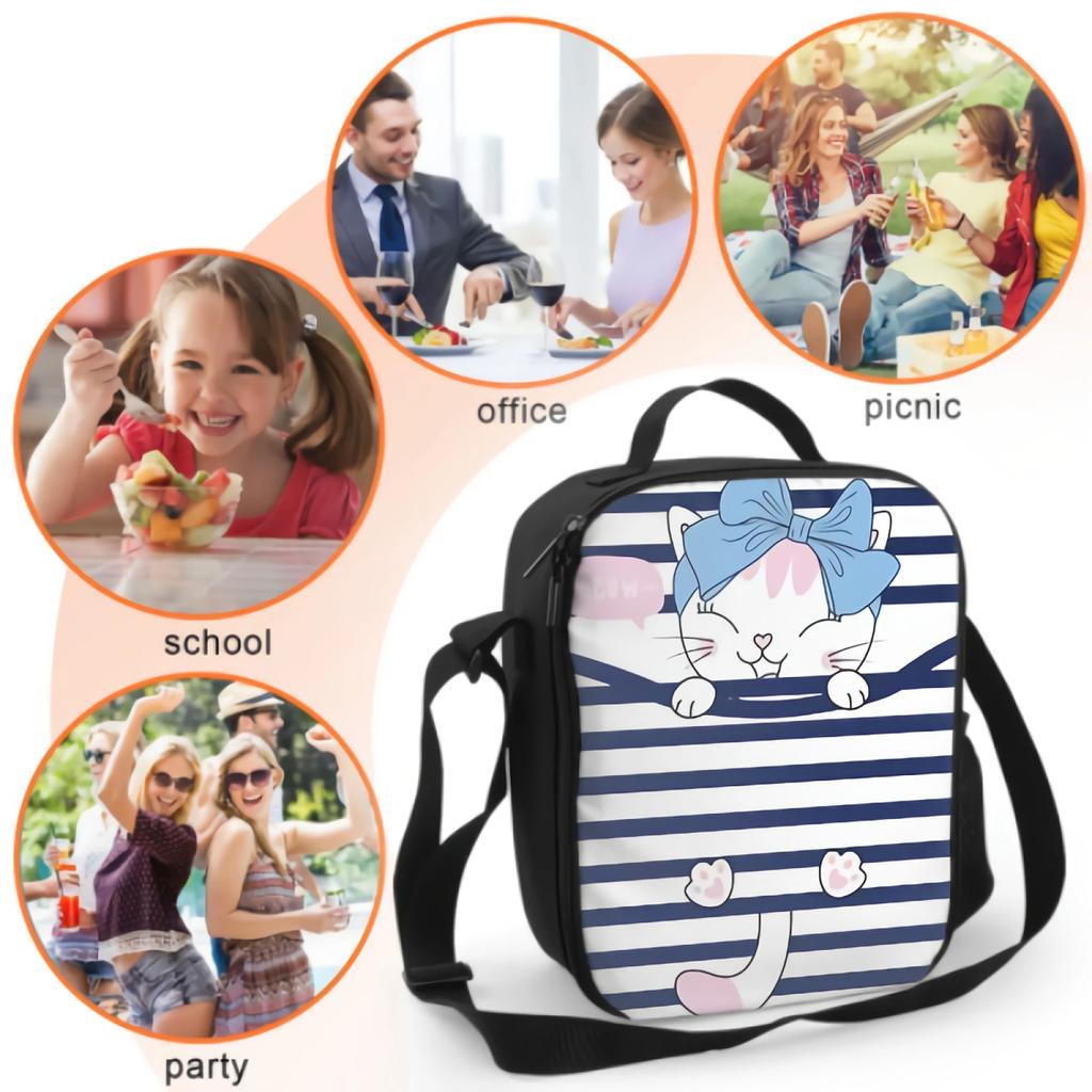 Hand Drawn Cute Cat In Stripe Insulated Lunch Bag for School Picnic Lunch Box Containers for Kids Cooler Bag with Shoulder Strap