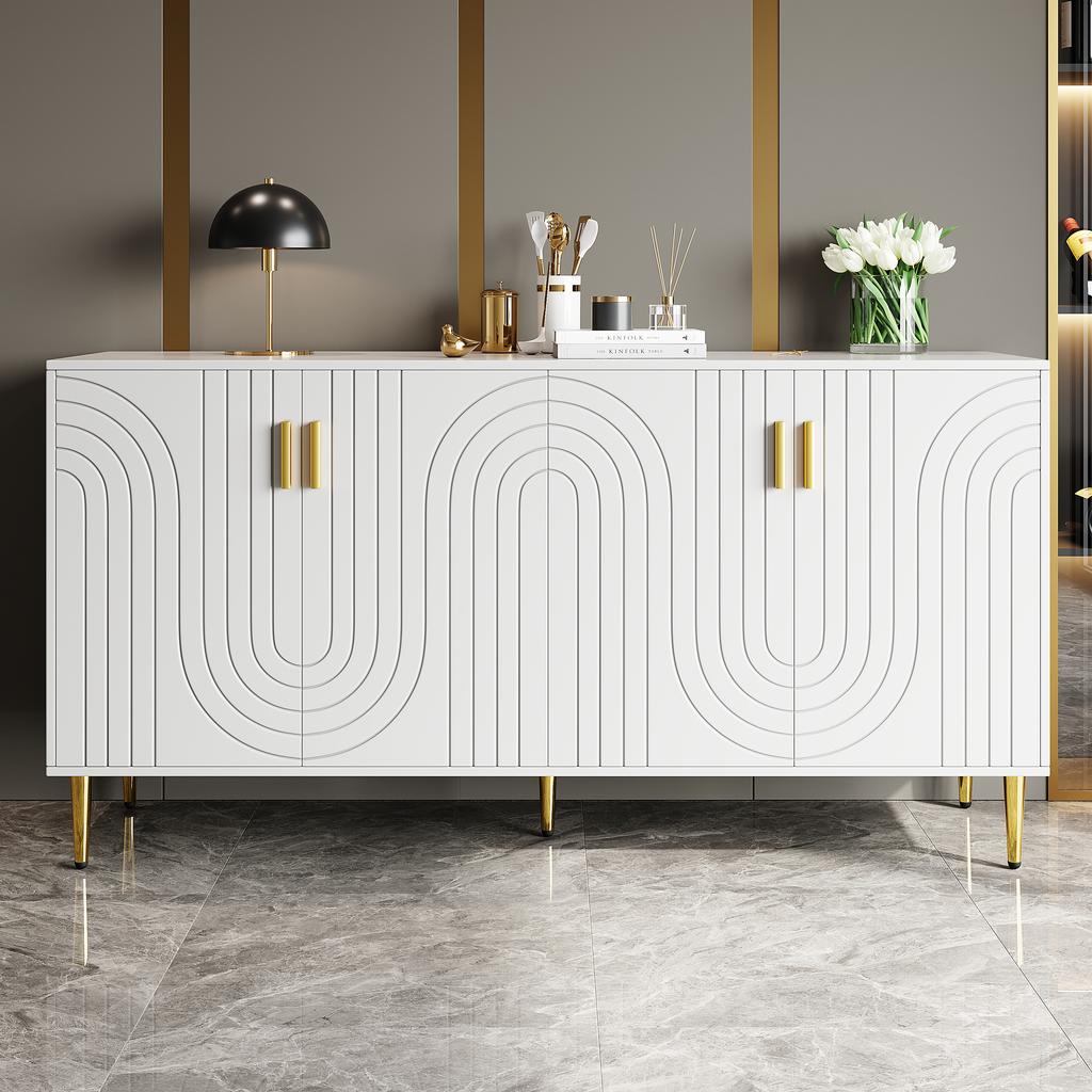 White Sideboard (152 X 40 X 75 Cm) with Unique Wave Design and Golden Handles and Feet for an Elegant Dining Area