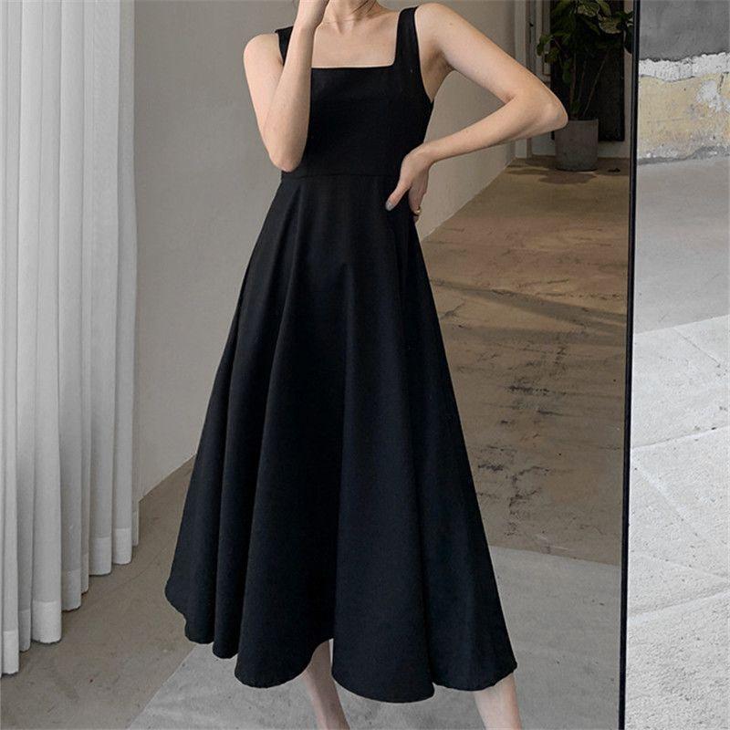 Plus Size Ladies Covering Belly Thin Mid-Length A- line Hepburn Slip Dress Black M