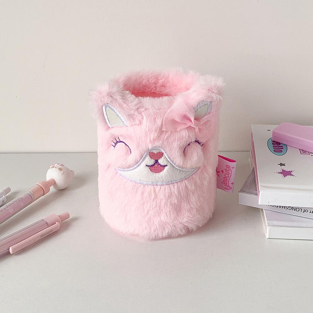1 Piece Furry Cartoon Unicorn Pencil Holder for Kids Girl Cute Animal Kitten Puppy Sheep Desktop Organizer Makeup Brush Box