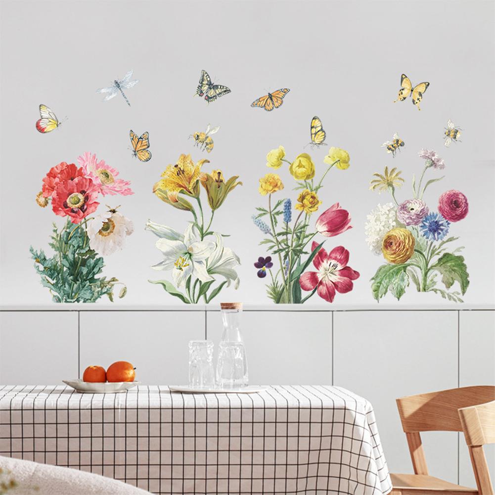 Wall Sticker, Bright Flower Green Leaf Cluster Colored Butterflies Decoration Painting, Bedroom Entrance Diy Self-adhesive Art Decor Decals