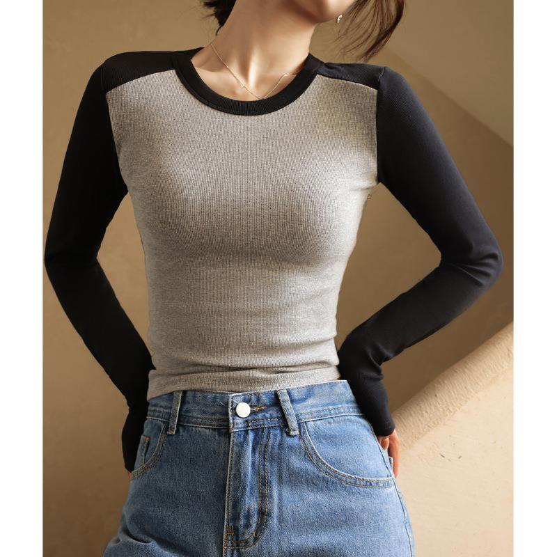 Herbst-Damen-Bottom-Shirt aus Baumwolle mit Rundhalsausschnitt, Farbkollision, Schulter-Ärmel-Bottom-Shirt, innen dünn, Netz, rot, langärmeliges Oberteil
