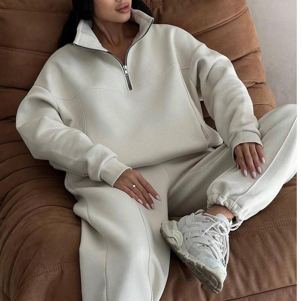 Women Solid Color Long Sleeve Stand Collar Hoodies Suit Autumn Winter Loose Top Wide Leg Pants