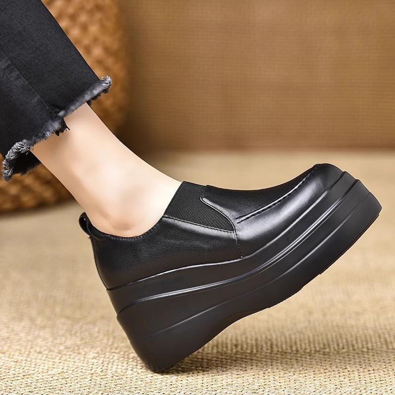 European station soft leather heightening waterproof platform thick-soled muffin shoes super high heel wedge heel heightening single shoes women