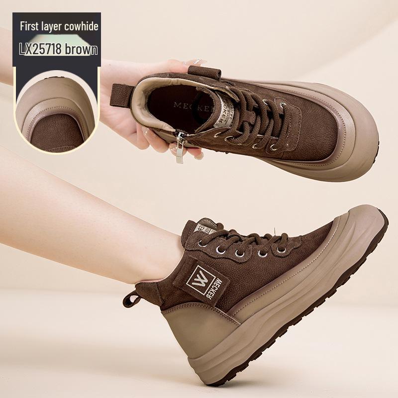Autumn Women's High-Top Cowhide Sneakers 2025: Thick-Soled, Height-Increasing, Versatile, and Comfortable.