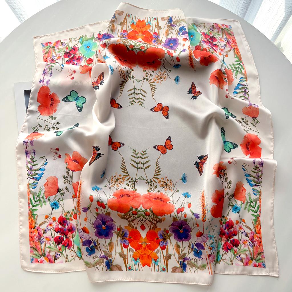 Luxury Square Scarf For Women Elegant Ladies Hijab Neckerchief Shawl For Travel Soft Stain Floral Print Imitation Silk Scarves