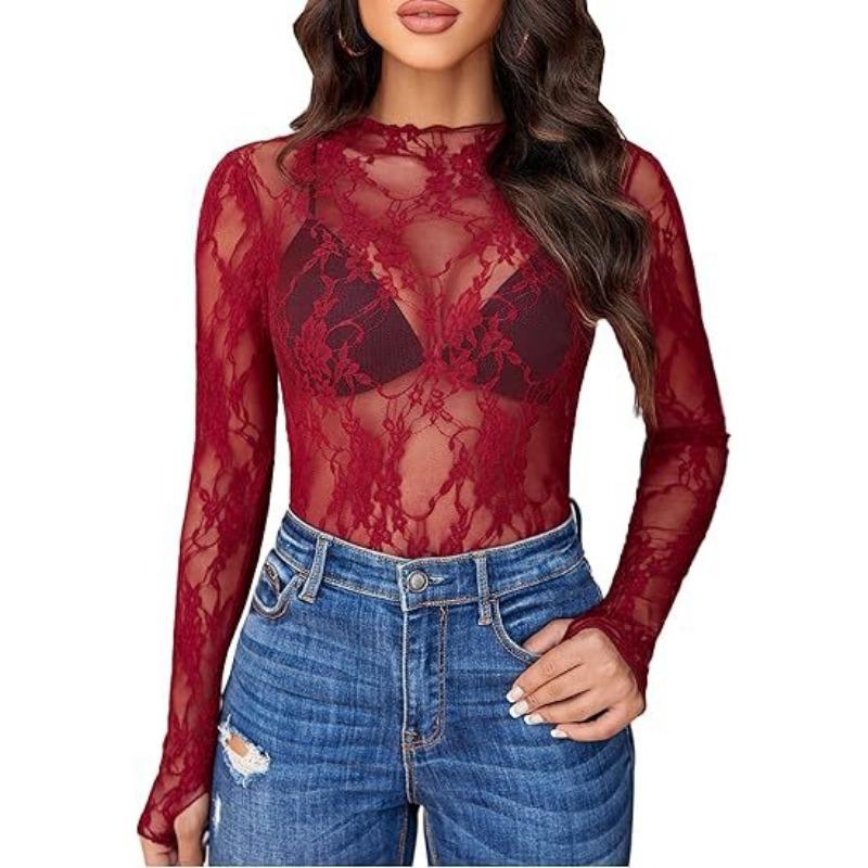 New Lace See Through Sexy Mesh Women Blouse Long Sleeve Tops Transparent Floral Shirt Thin Perspective Lace Shirts Spring Summer Sweet Elegant Blouse