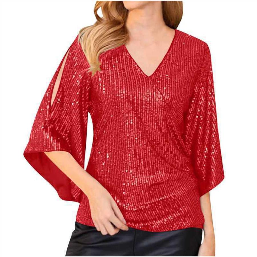 New Loose Long Sleeve Shiny T-Shirt Women Sleeveless Set