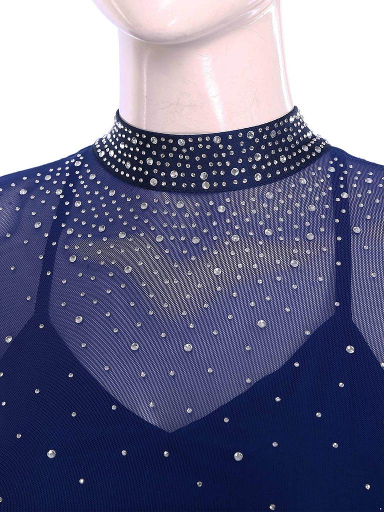 Women's Sheer Mesh Leotard Mock Neck Flare Sleeve Backless with Sparkly Rhinestones Dancewear