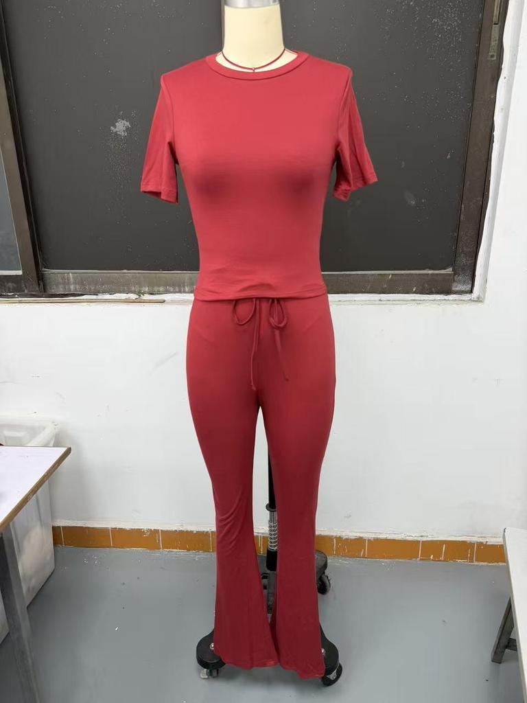 2025 European & American Women's Spring/Summer Solid Color Round Neck Set - Short Sleeve Top & Long Pants